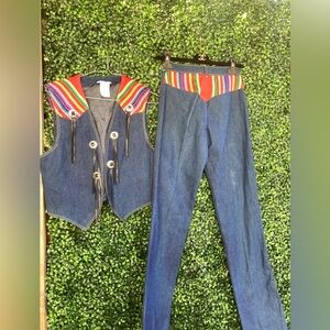 Vtg Deadstock 70s Frederick’s of Hollywood Western Set Denim Vest Jeans 2pc suit
